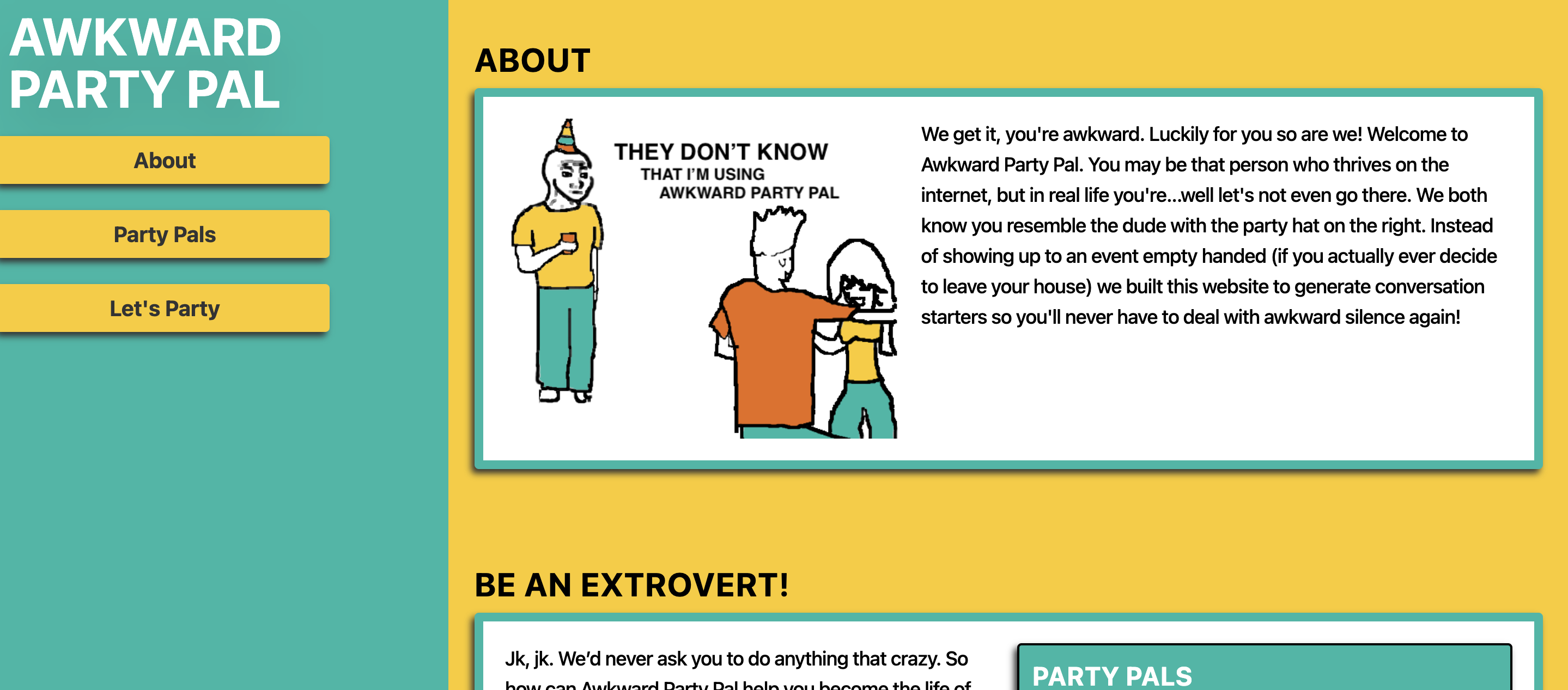 Awkward Party Pal homepage.